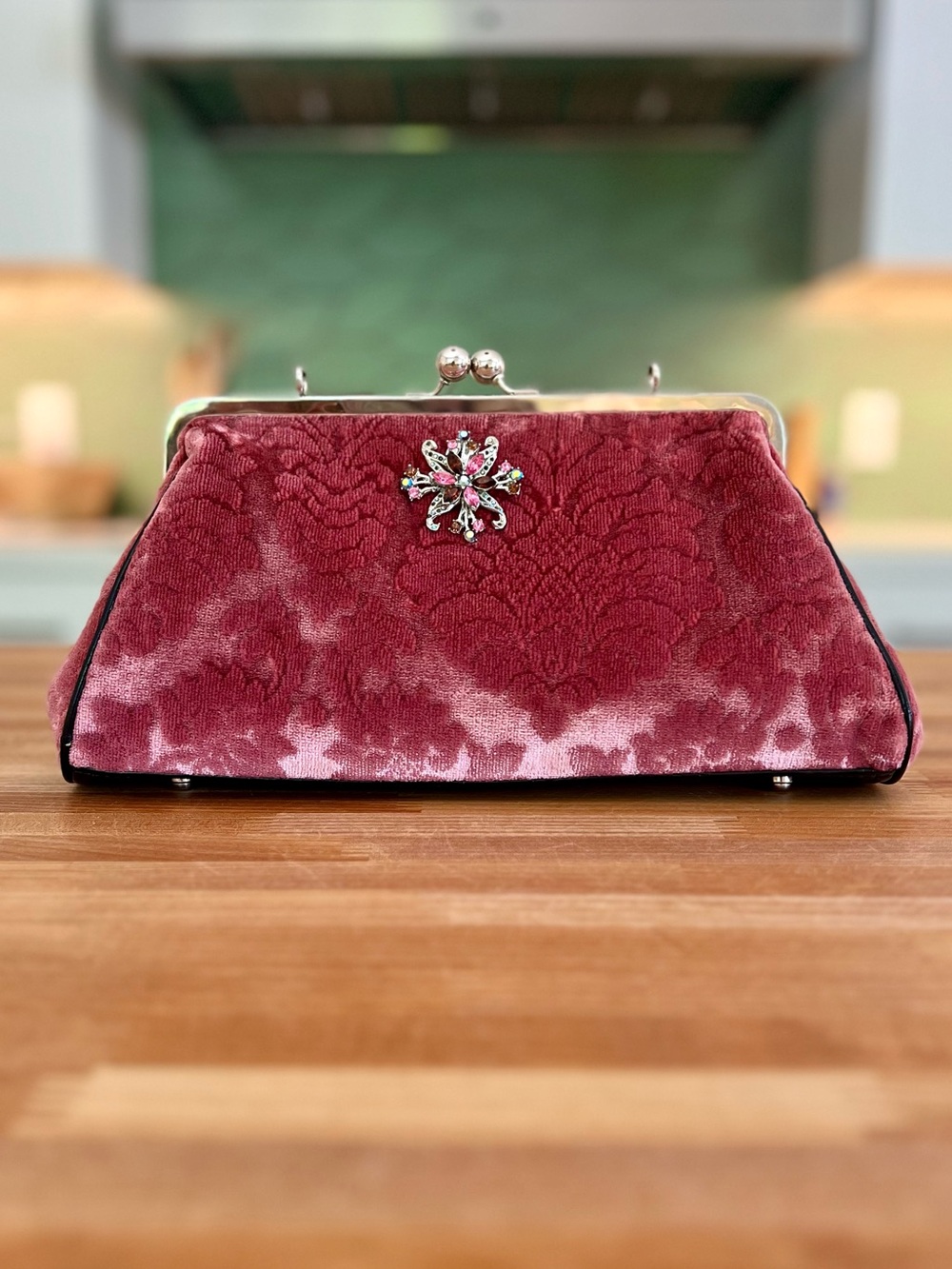 💖Glenda Gies Pink Rose Burnout Velvet Brooch Clutch Satchel